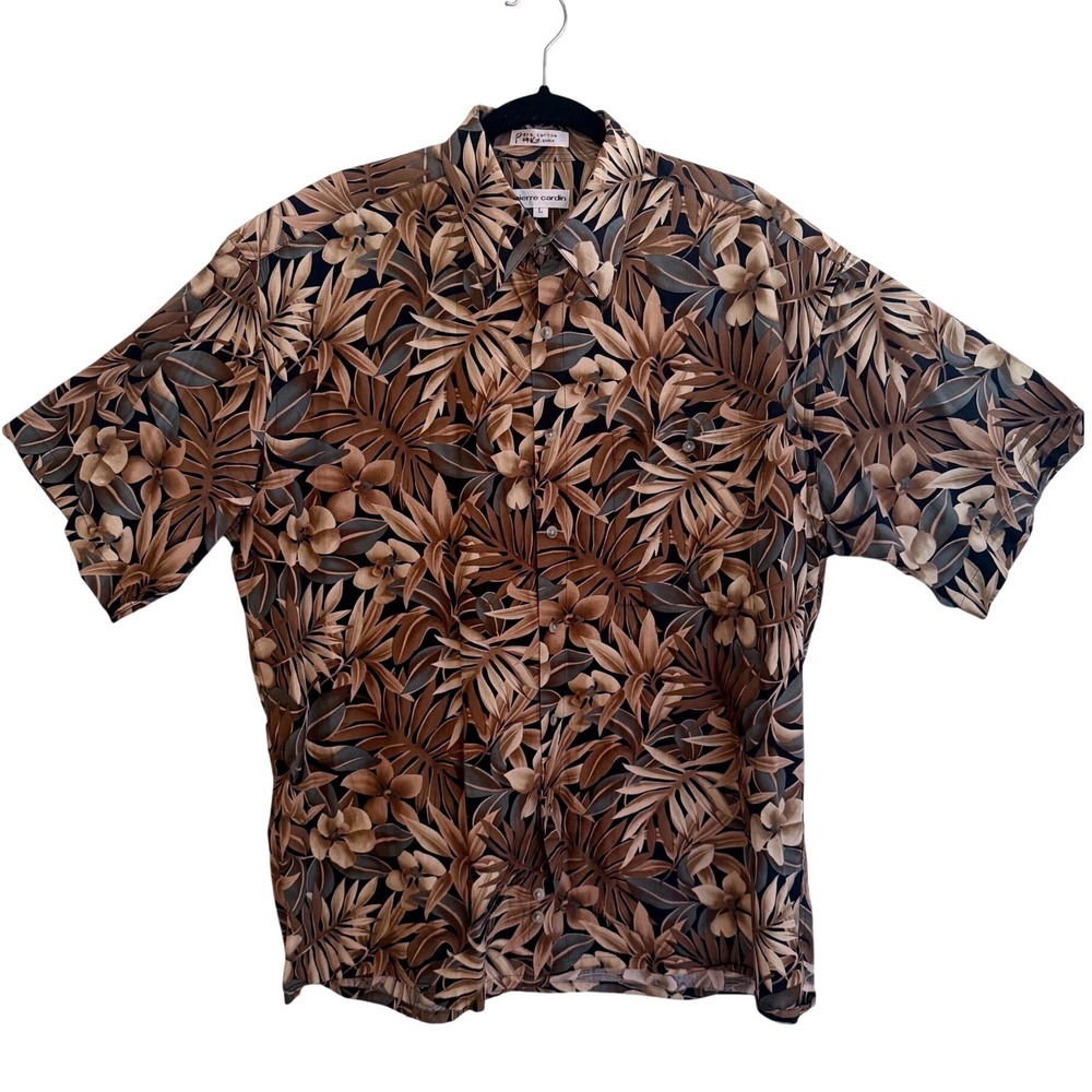 Resortwear Earth Tone Tropical Button Down Sz Large Floral Cotton Short Sleeve